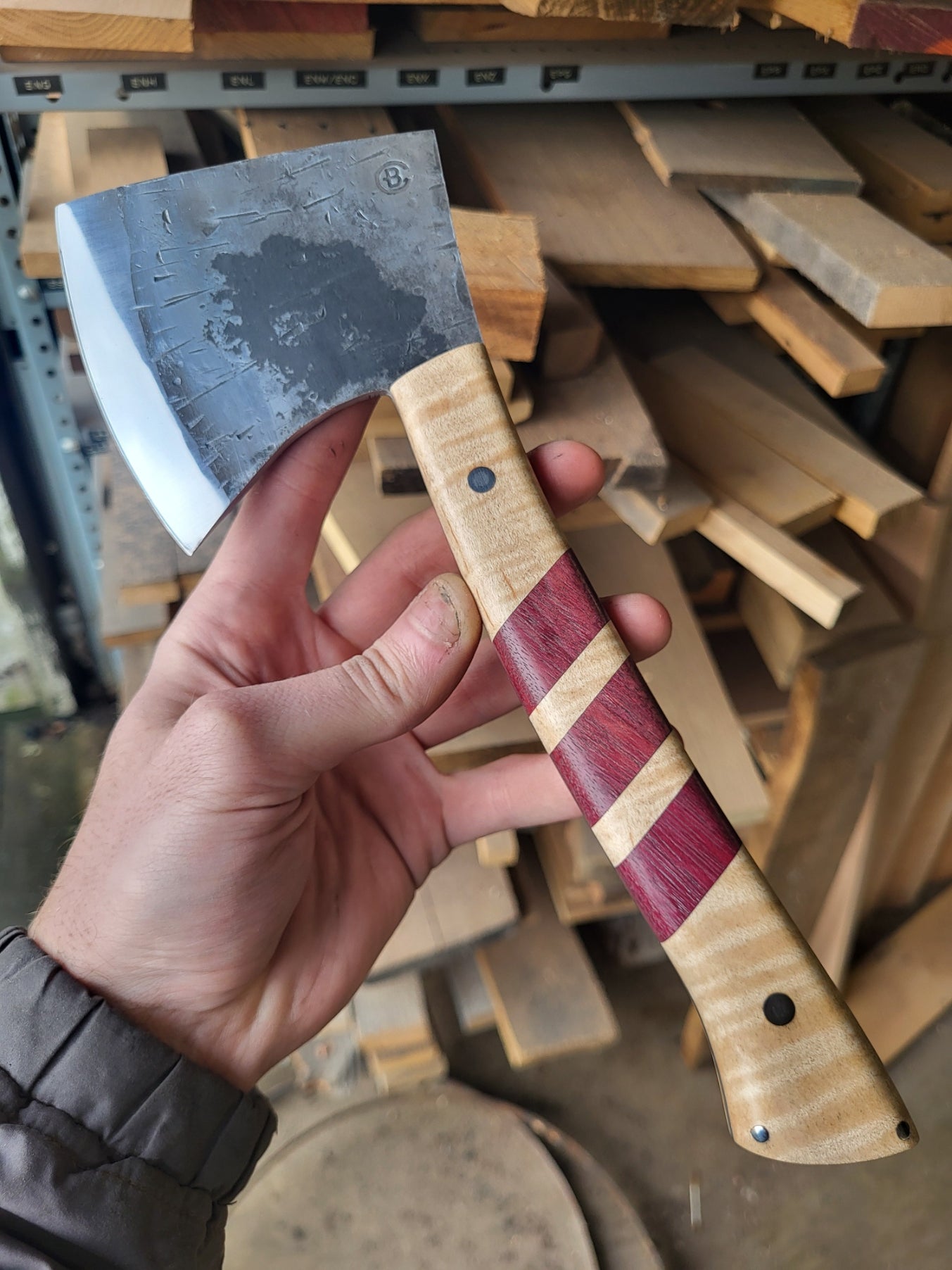 Woodsman Hatchet in Curly Maple/Purpleheart